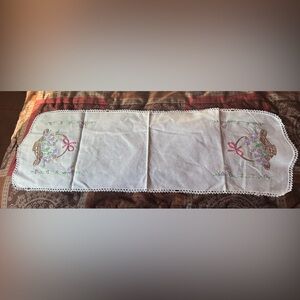 Antique Vintage Embroidered Dresser Or Table Runner Basket of Flowers!